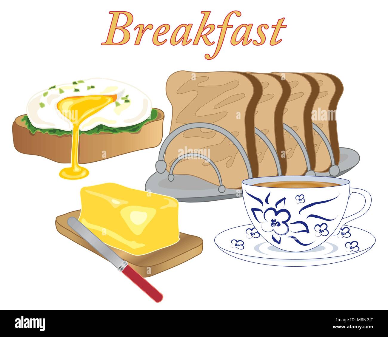 Ein Vektor Abbildung im EPS 10 Format von Frühstück essen mit einem pochierten Ei Toast, Butter und eine Tasse Kaffee auf weißem Hintergrund Stock Vektor