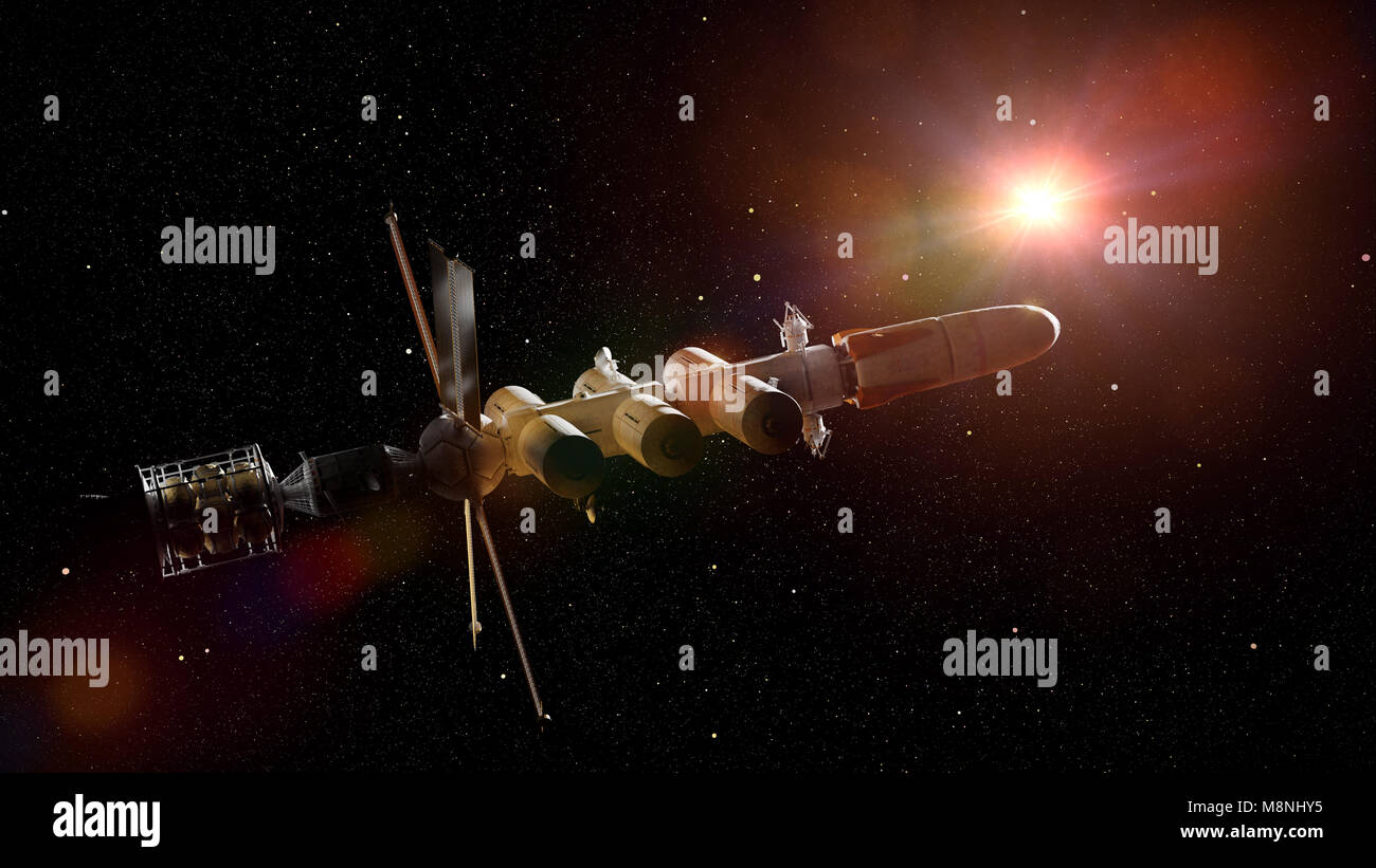 Futuristisches Raumschiff im Weltall leuchtet die helle Sonne, (3d science fiction Abbildung) Stockfoto
