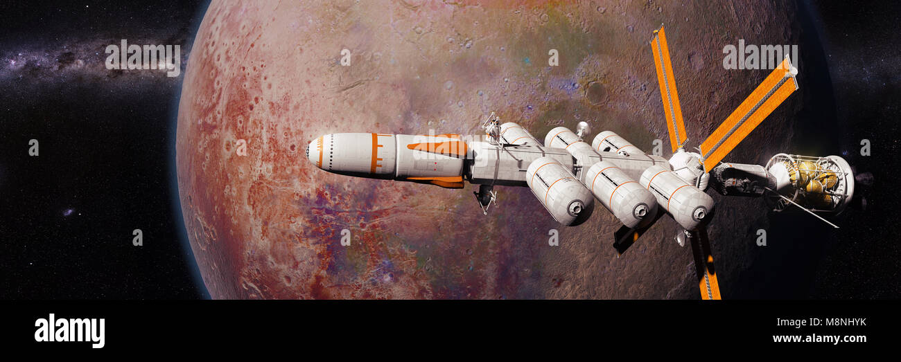 Futuristisches Raumschiff nähert sich ein exoplanet, sehr detaillierte Raumschiff auf einem fremden Planeten (3d-science fiction space Abbildung Banner) Stockfoto