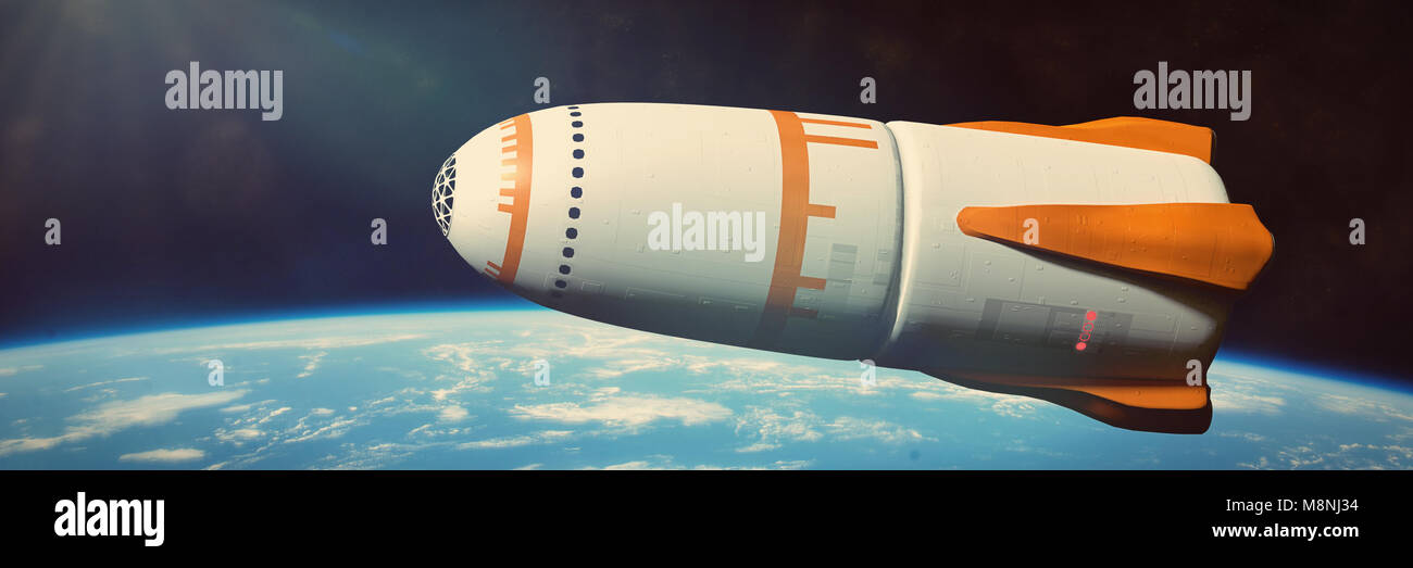Raumschiff die Erde verlassen, futuristische Rakete nähern Orbit (3d-Grafik Banner, Elemente dieses Bild sind von der NASA ausgestattet) Stockfoto