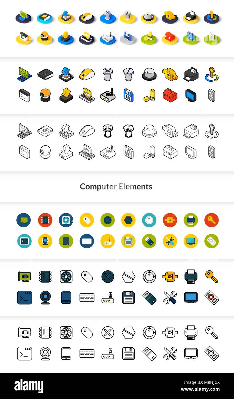 Set von Icons in verschiedenen Stil - isometrische flach und Otline, farbige und schwarze Versionen Stock Vektor