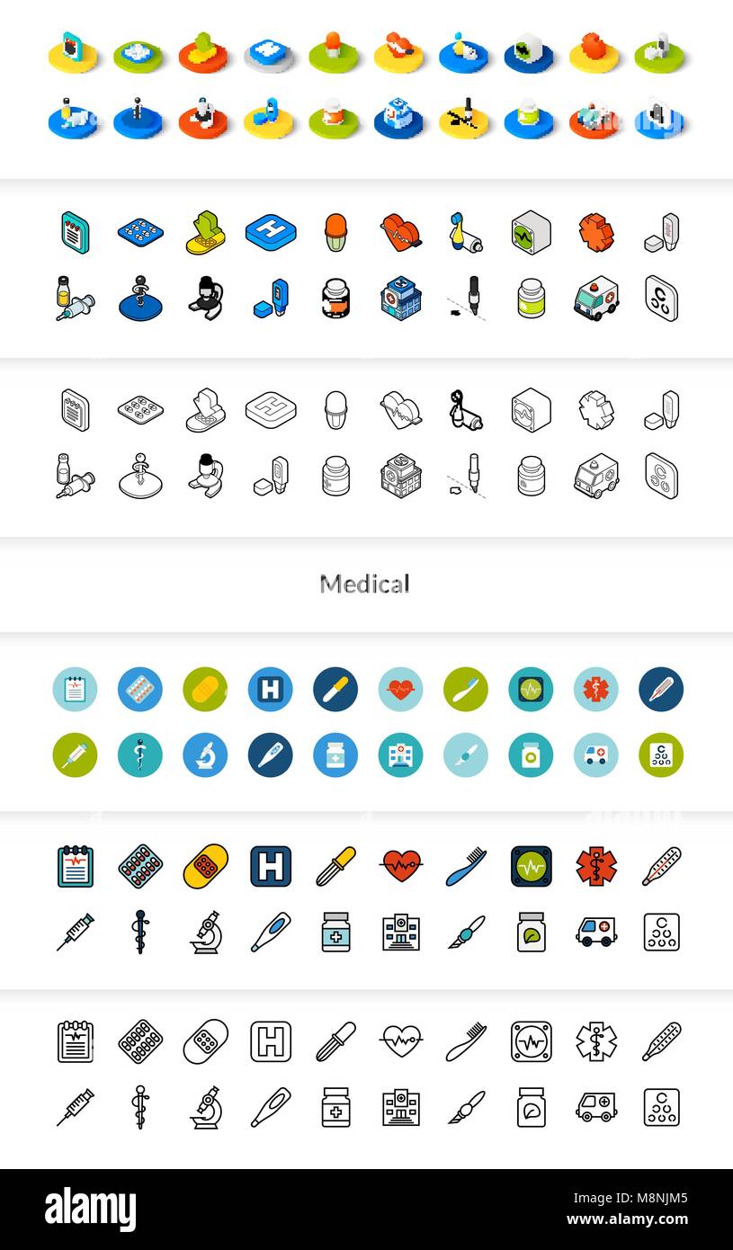 Set von Icons in verschiedenen Stil - isometrische flach und Otline, farbige und schwarze Versionen Stock Vektor