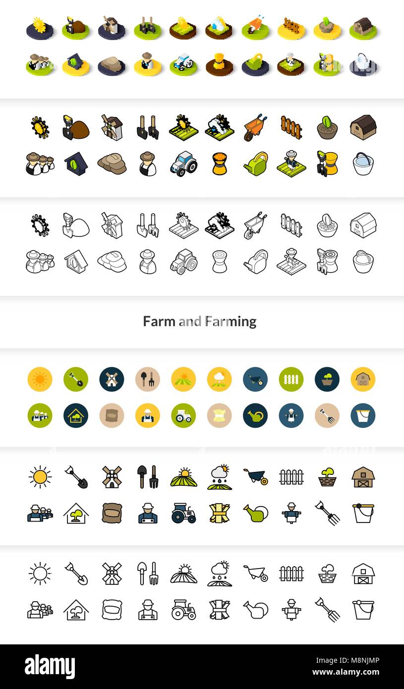 Set von Icons in verschiedenen Stil - isometrische flach und Otline, farbige und schwarze Versionen Stock Vektor