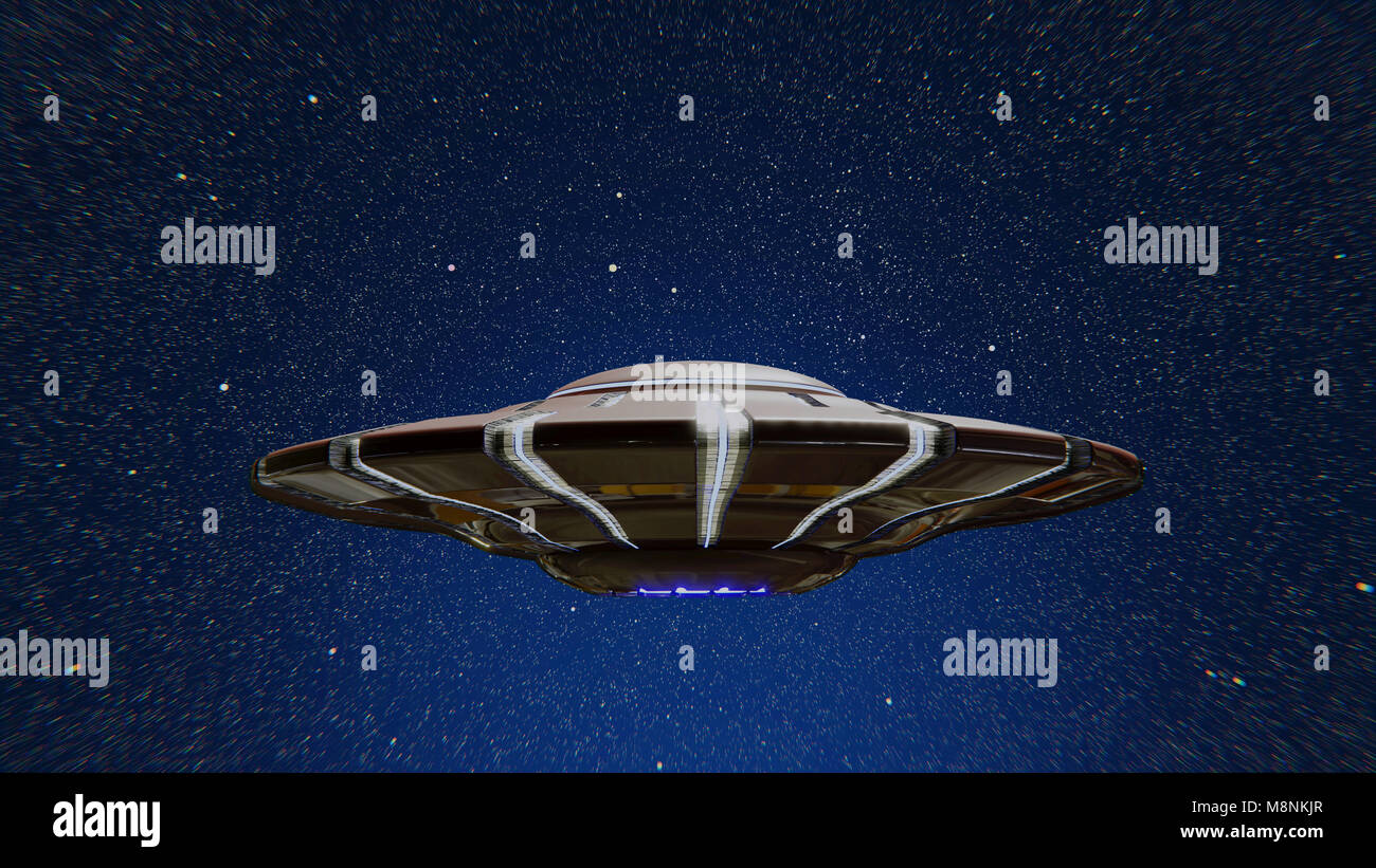 UFO, außerirdisches Raumschiff im Weltall, fliegende Untertasse mit Sternenhimmel Hintergrund (3d-science fiction Abbildung) Stockfoto