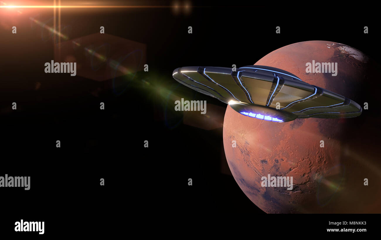 UFO in der Umlaufbahn des roten Planeten Mars (3D-Rendering mit schwarzem Hintergrund, Elemente von diesem Bild sind von der NASA ausgestattet) Stockfoto