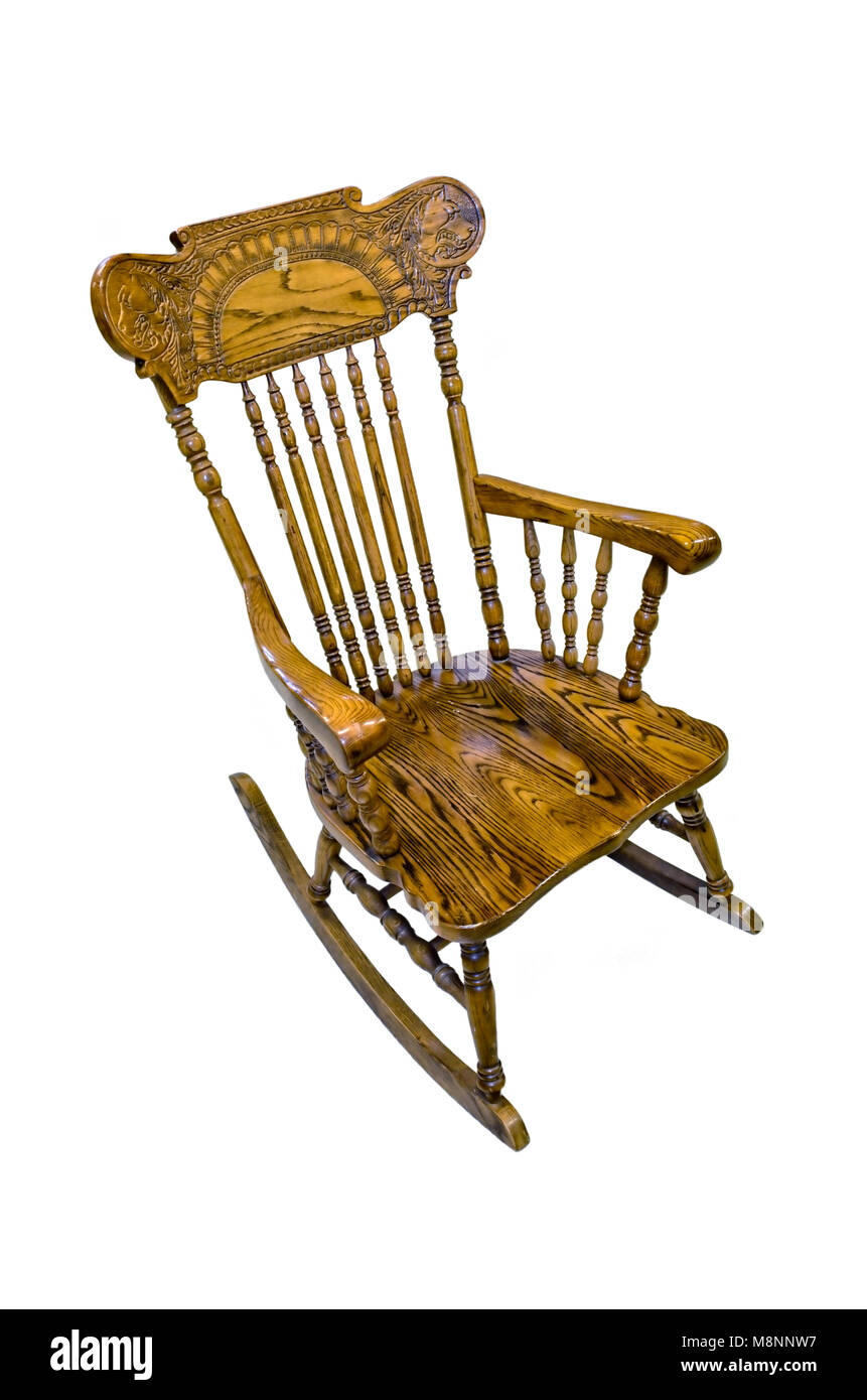 Aus Holz geschnitzte Stuhl schaukeln Braun auf weißem Hintergrund, isoliert Stockfoto