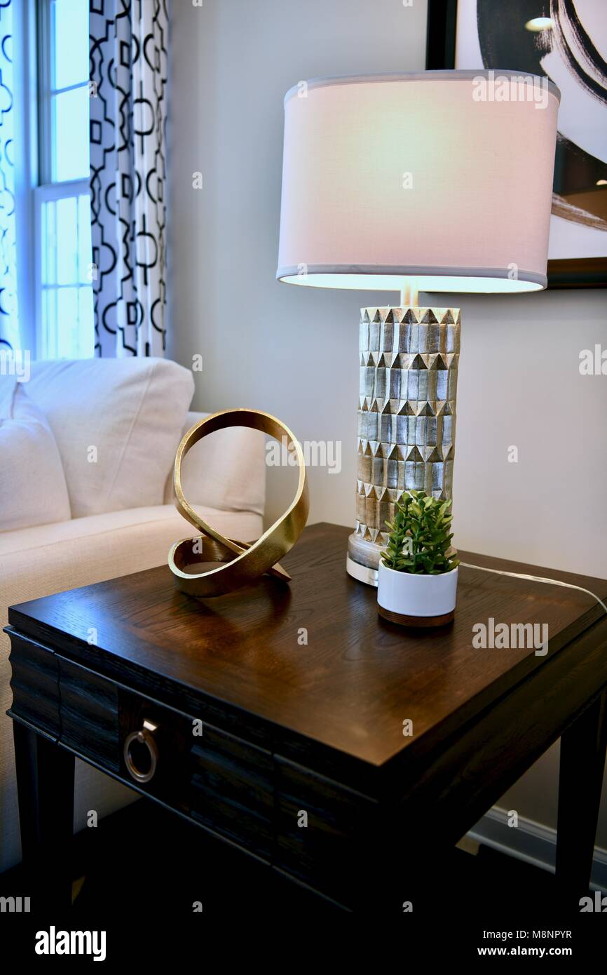 Holz Beistelltisch mit Gold akzentuierte Lampe und Einrichtung in modernen Home Stockfoto