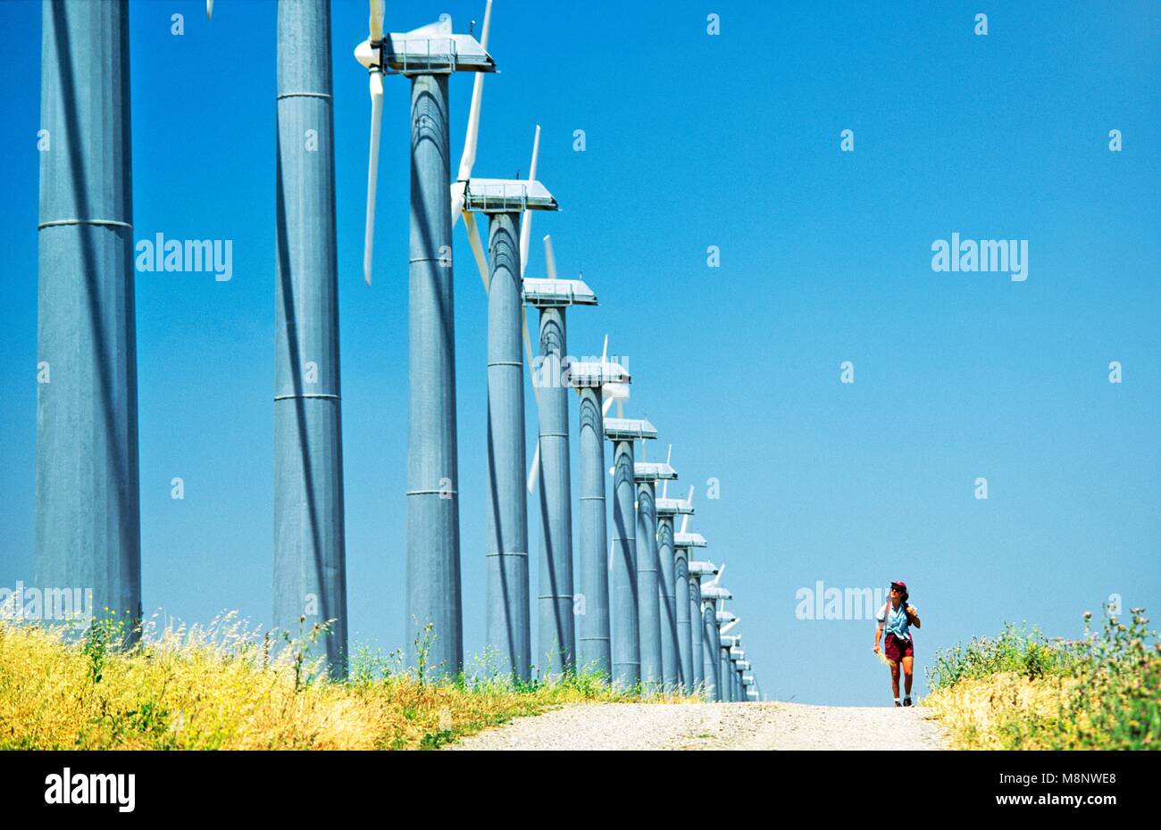 Frau auf dem richtigen Weg zu Fuß neben Windkraftanlagen, Teil des riesigen Windparks Komplex in Altamont in der Nähe von Livermore, Kalifornien, USA Stockfoto