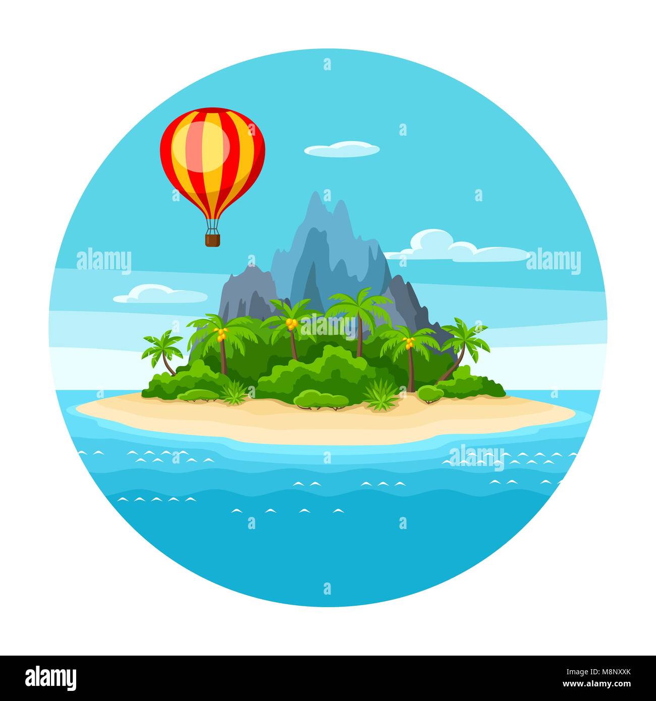 Abbildung: tropische Insel im Ozean. Landschaft mit dem Heißluftballon, Palmen und Felsen. Reisen Hintergrund Stock Vektor
