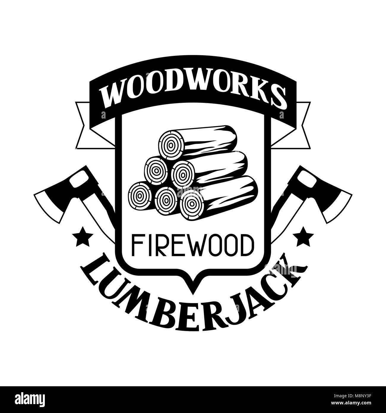 Woodworks Label mit Brennholz und Ax. Emblem für Forst- und Holzwirtschaft Stock Vektor