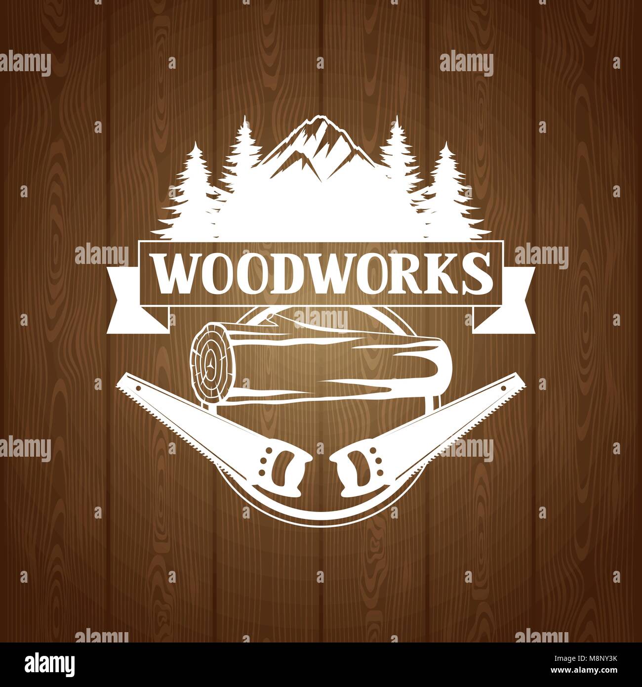 Woodworks Label mit Holz und Säge. Emblem für Forst- und Holzwirtschaft Stock Vektor