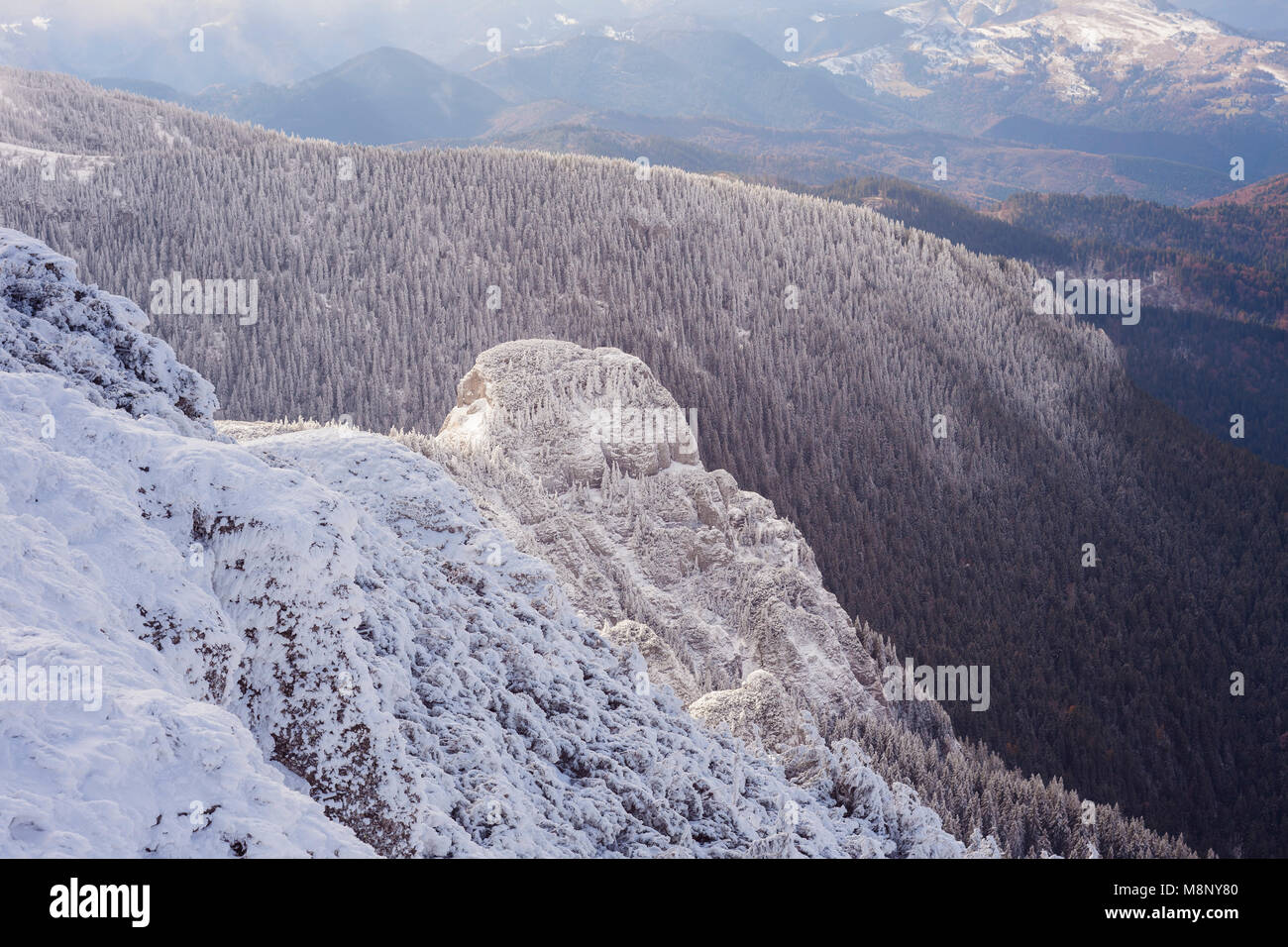 Winterlandschaft in Berg Ceahlau, Rumänien Stockfoto