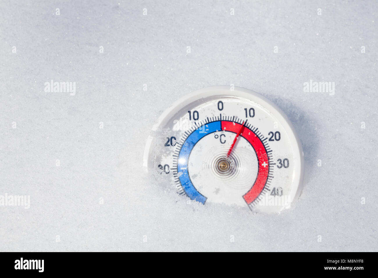Thermometer mit Celsius im schmelzenden Schnee mit plus 13 Grad Celsius warmen Wetter im Frühling oder die globale Erwärmung Konzept Stockfoto