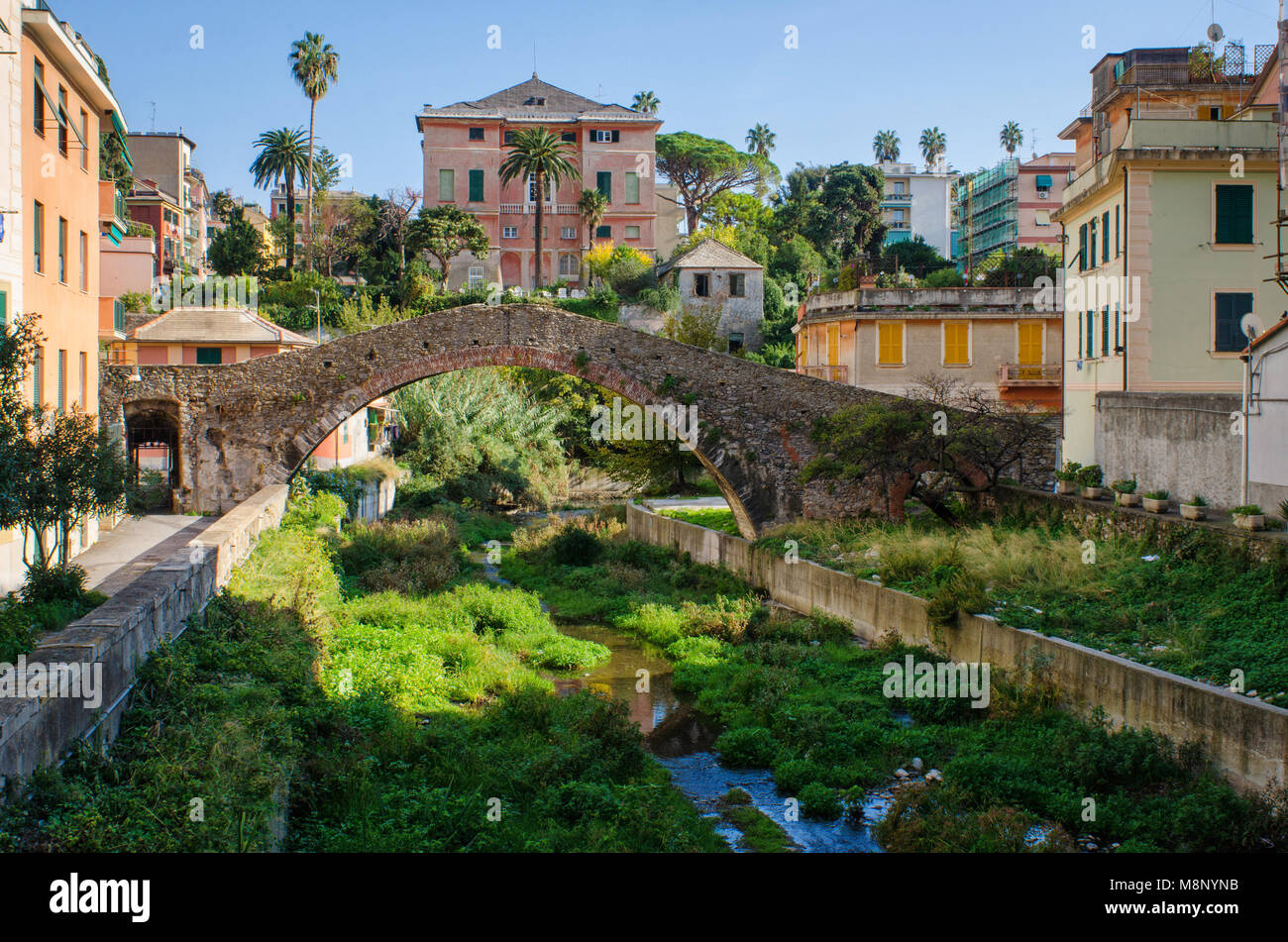 Ponte Romano, einer alten römischen Bogenbrücke in Genua Nervi hingewiesen, jetzt in der Mitte der Stadt, umgeben von Gebäuden Stockfoto