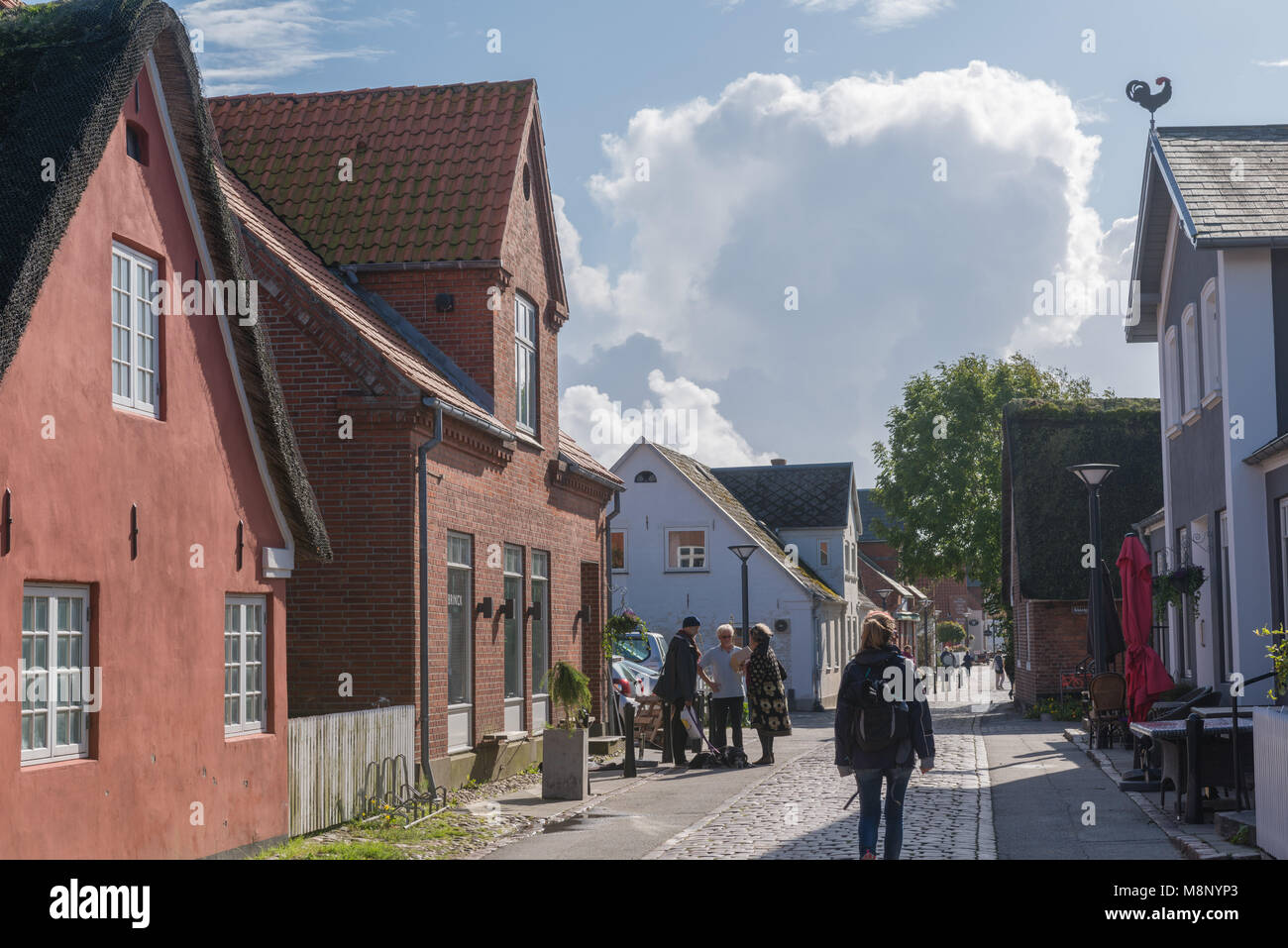 Gepflasterten Straße durch die Innenstadt, typisch dänische Häuser in Nordby, Insel Fanø, Jütland, Dänemark, Skandinavien Stockfoto
