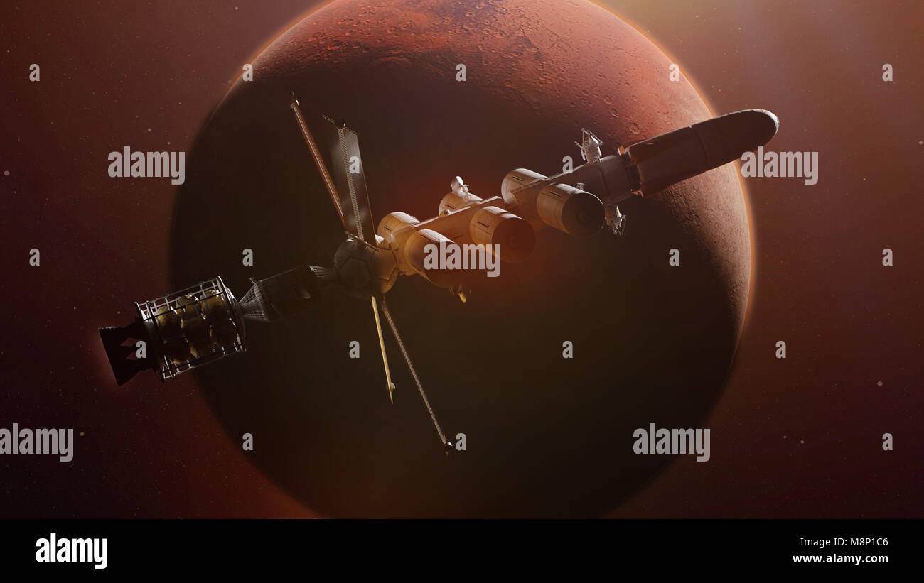 Futuristisches Raumschiff im Orbit des Planeten Mars Mission zum Roten Planeten (3d-science fiction rendern, Elemente dieses Bild sind von der NASA ausgestattet) Stockfoto Futuristisches Raumschiff im Orbit des Planeten Mars Mission zum Roten Planeten (3d-science fiction rendern, Elemente dieses Bild sind von der NASA ausgestattet) Stockfoto
