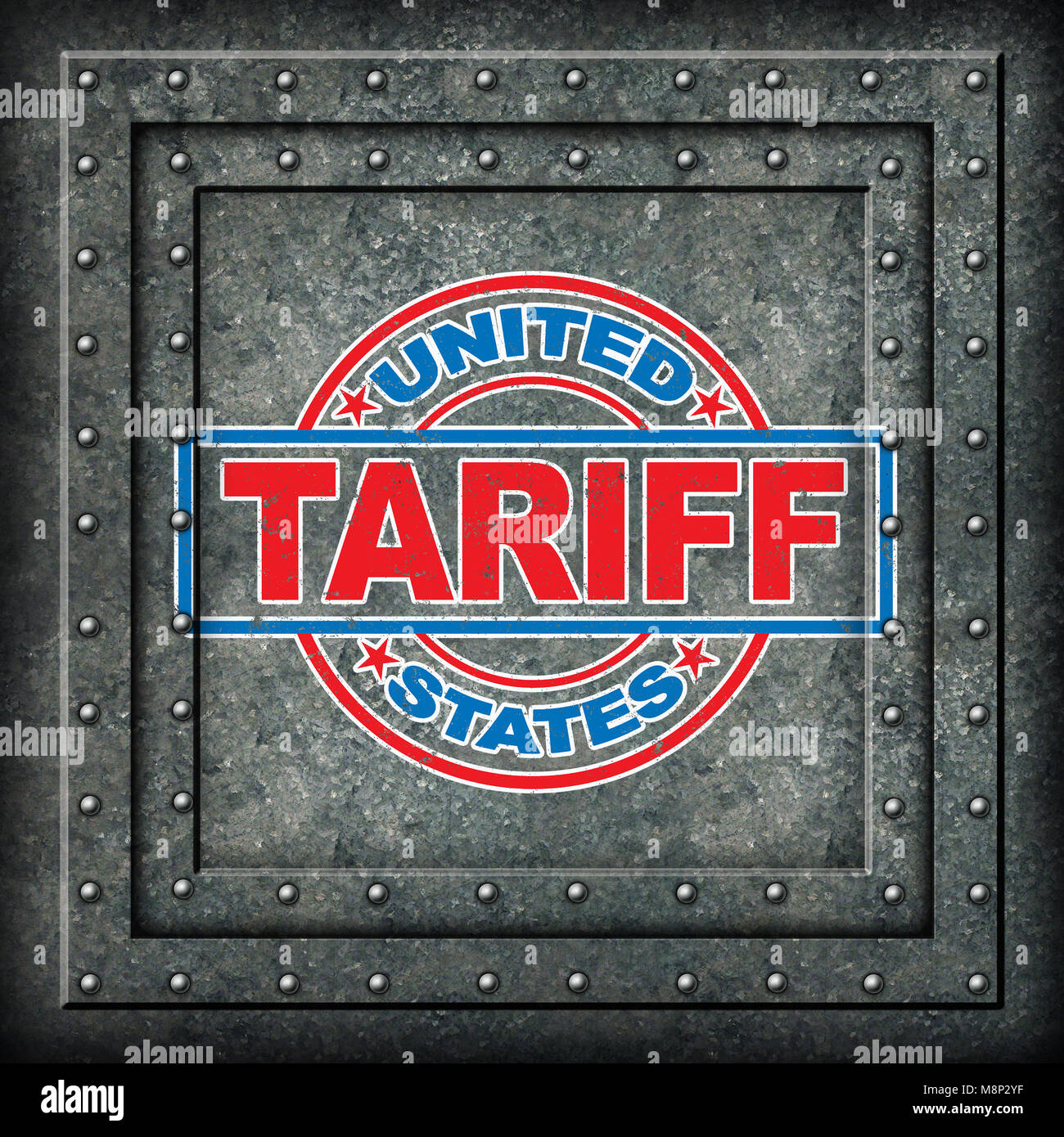 Metalle wie Stahl und Aluminium Tarife in den Vereinigten Staaten als Stempel auf Metall Hintergrund als wirtschaftliche Handels Besteuerung Streit. Stockfoto