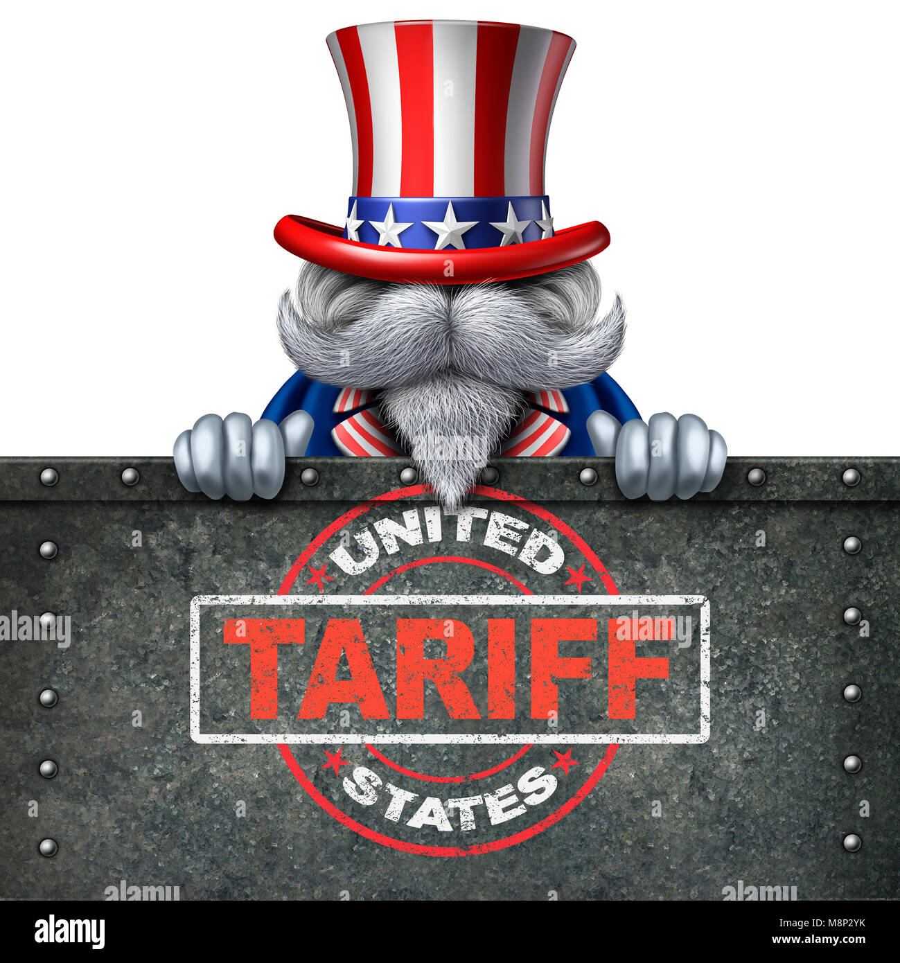 Tarife United States für Stahl und Aluminium als Stempel auf Metall Hintergrund als wirtschaftliche Handels Besteuerung Streit über Import und Export. Stockfoto
