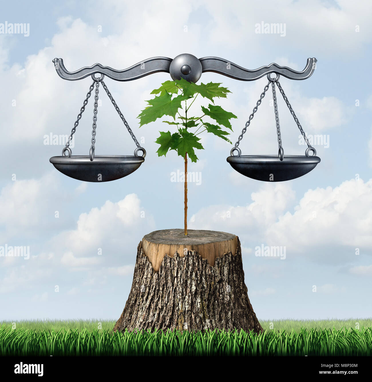 Umwelt und Natur ressourcen rechtliche Schritte Konzept als Gerechtigkeit durch ein Bäumchen auf einer gehackten Baum als Schutz des Lebensraums unterstützt. Stockfoto