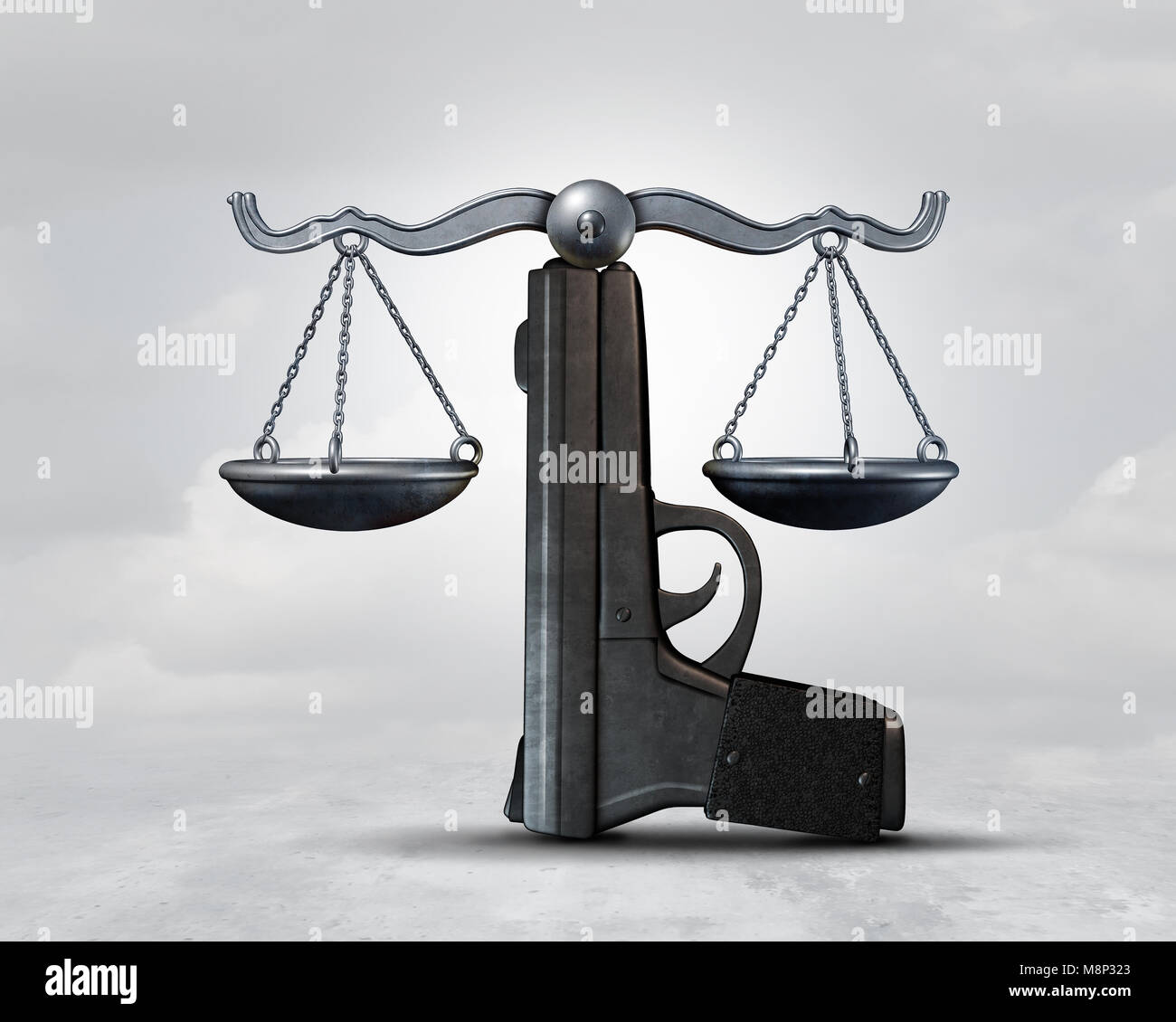 Waffenrecht und Waffe Gesetzgebung Konzept wie eine Pistole als Gerechtigkeit Maßstab als gesetzliche Rechte Idee als 3D-Illustration geprägt. Stockfoto