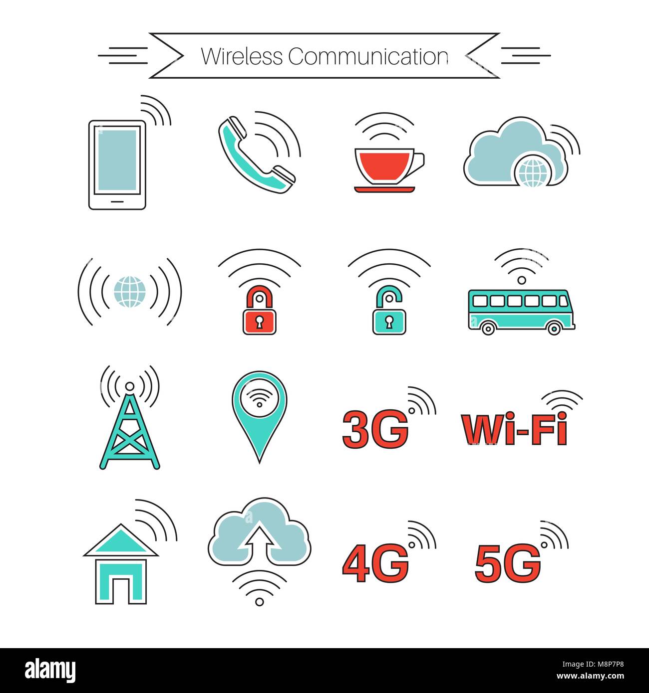 Satz von Symbolen der drahtlosen Kommunikation. Heim- und mobile Netzwerke. Trübe Lagerung. Internet-Café. Dünne Linienstil. Vektorelement der Grafik-design Stock Vektor