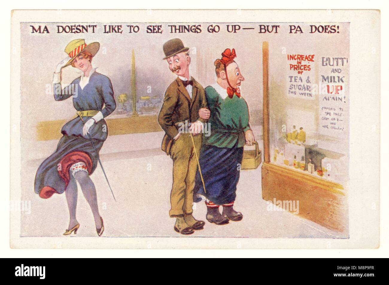 WW1 Ära comic saucy Postkarte, mit sozialen Kommentar zu den Saum der Röcke und steigende Preise, Großbritannien Stockfoto