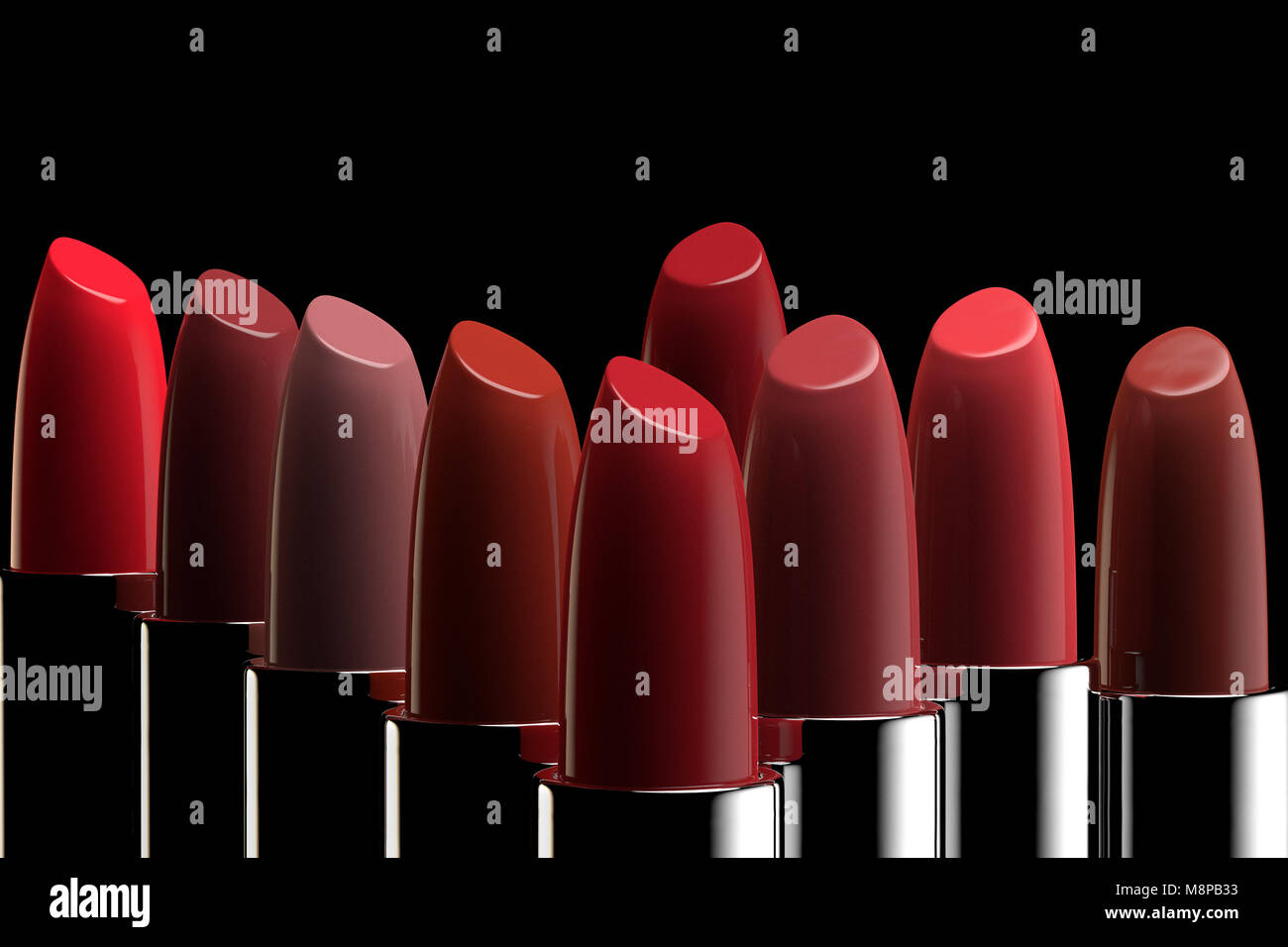 3D-Rendering für eine Gruppe von Lippenstiften in verschiedenen Farben Stockfoto
