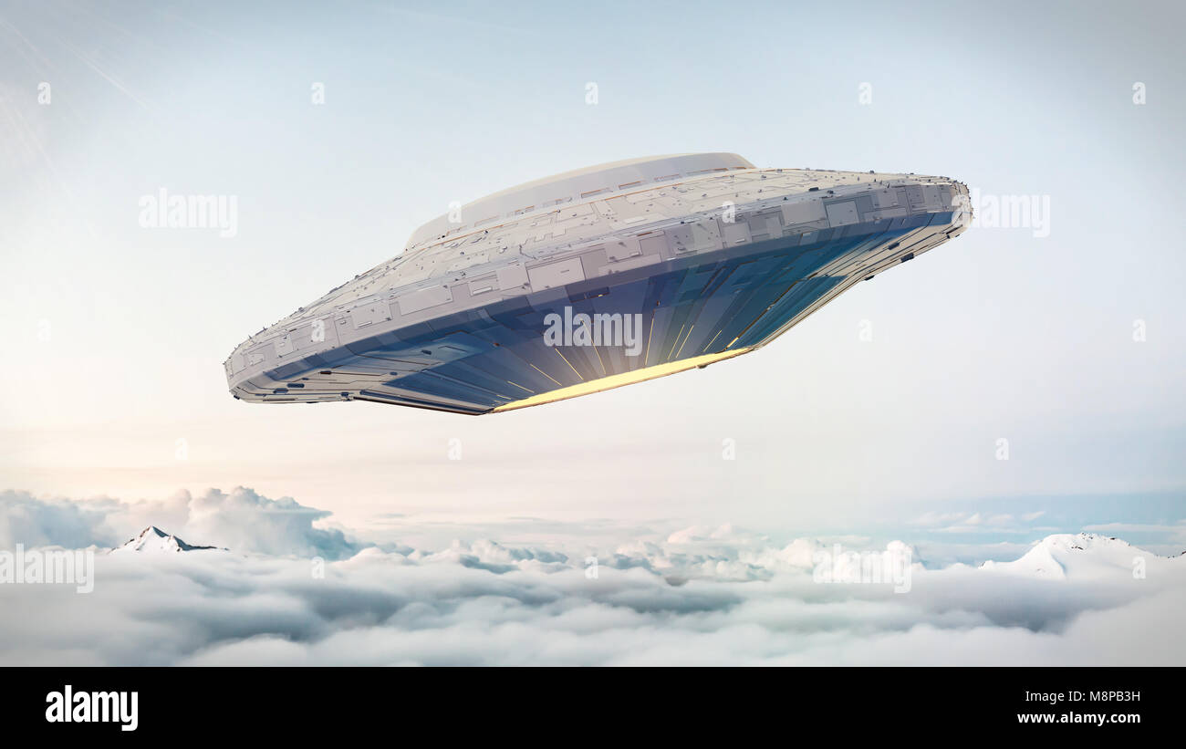 UFO, science fiction Szene mit schneller außerirdisches Raumschiff, außerirdische Besucher in fliegende Untertasse (3D-Rendering) Stockfoto