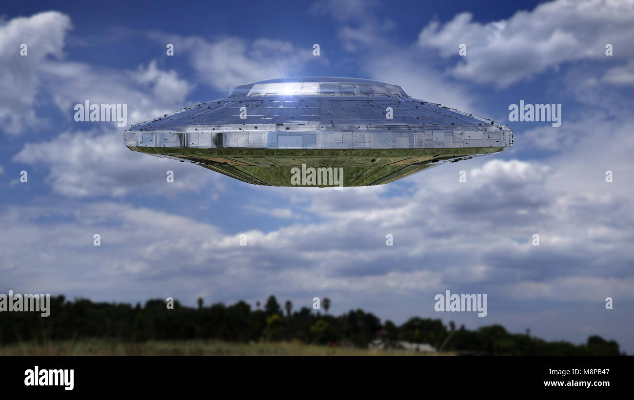 UFO, science fiction Szene mit Alien Raumschiff außerirdischer Besucher in fliegende Untertasse (3d-Abbildung) Stockfoto