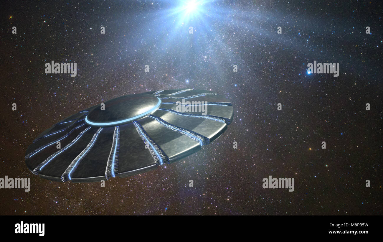 UFO, außerirdisches Raumschiff im Weltall, fliegende Untertasse beleuchtet durch einen hellen Stern (3d-science fiction Abbildung) Stockfoto