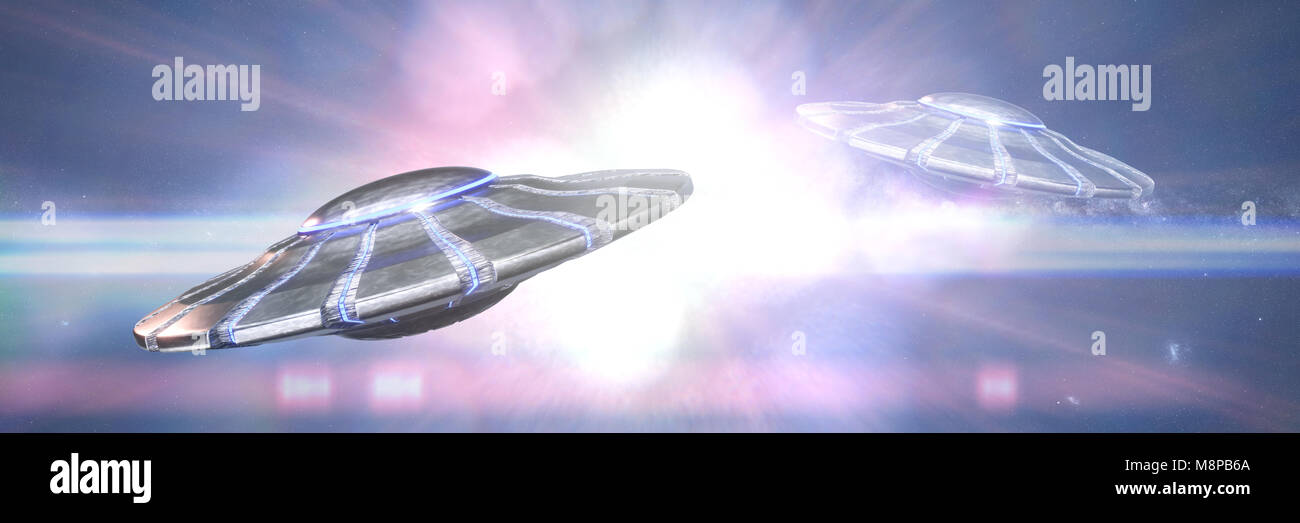 UFOs, Außerirdische Raumschiffe in der Nähe eines hellen Stern (3d-Grafik Banner) Stockfoto