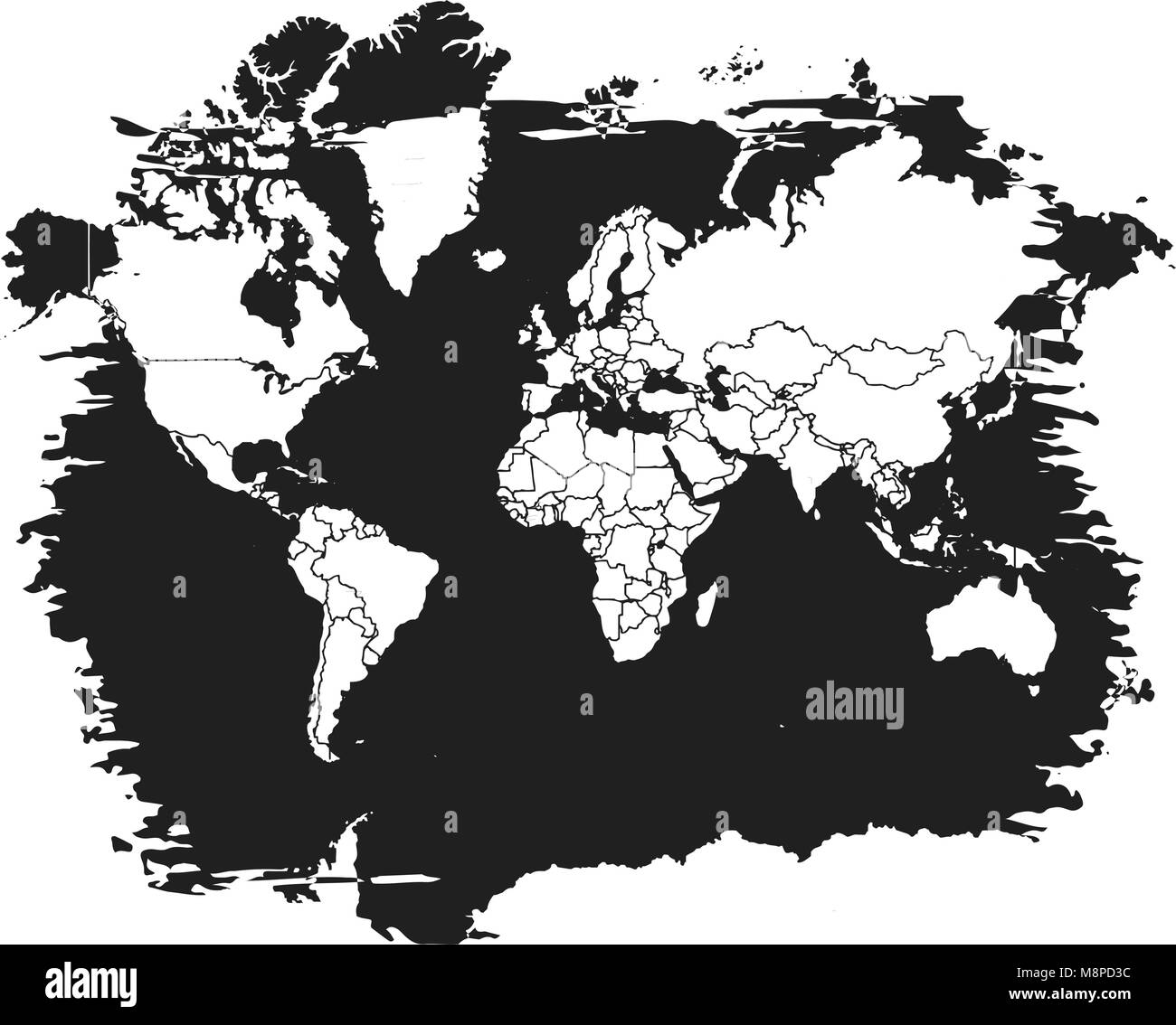 Sihouette Karte der Welt auf Schwarz. Schwarze und Weiße Vektorgrafik Stock Vektor