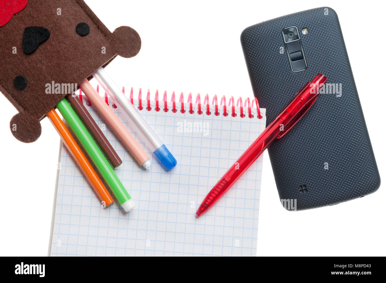 Fall für Stifte und Telefon in der Form eines Bären auf Weiß Stockfoto