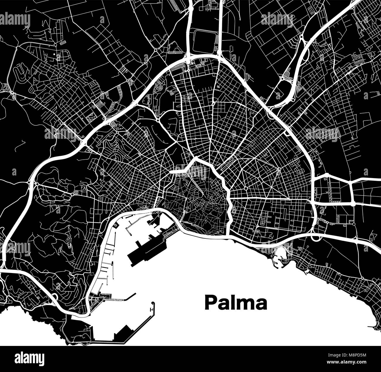 Palma de Mallorca urban Vektorkarte. Weiß Autobahnen und Straßen in der Stadt auf schwarzem Hintergrund. Stock Vektor
