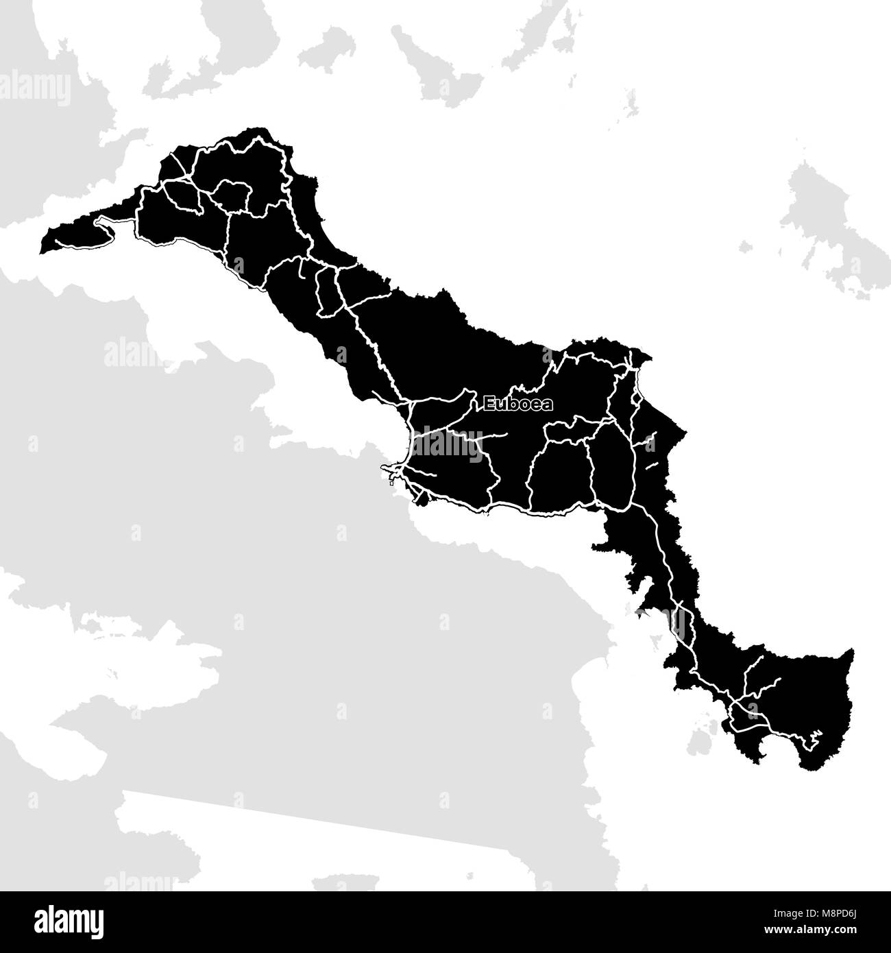 Insel Euböa, Griechenland, Vektorkarte. Die wichtigsten Autobahnen Weiß auf schwarzem Hintergrund. Stock Vektor