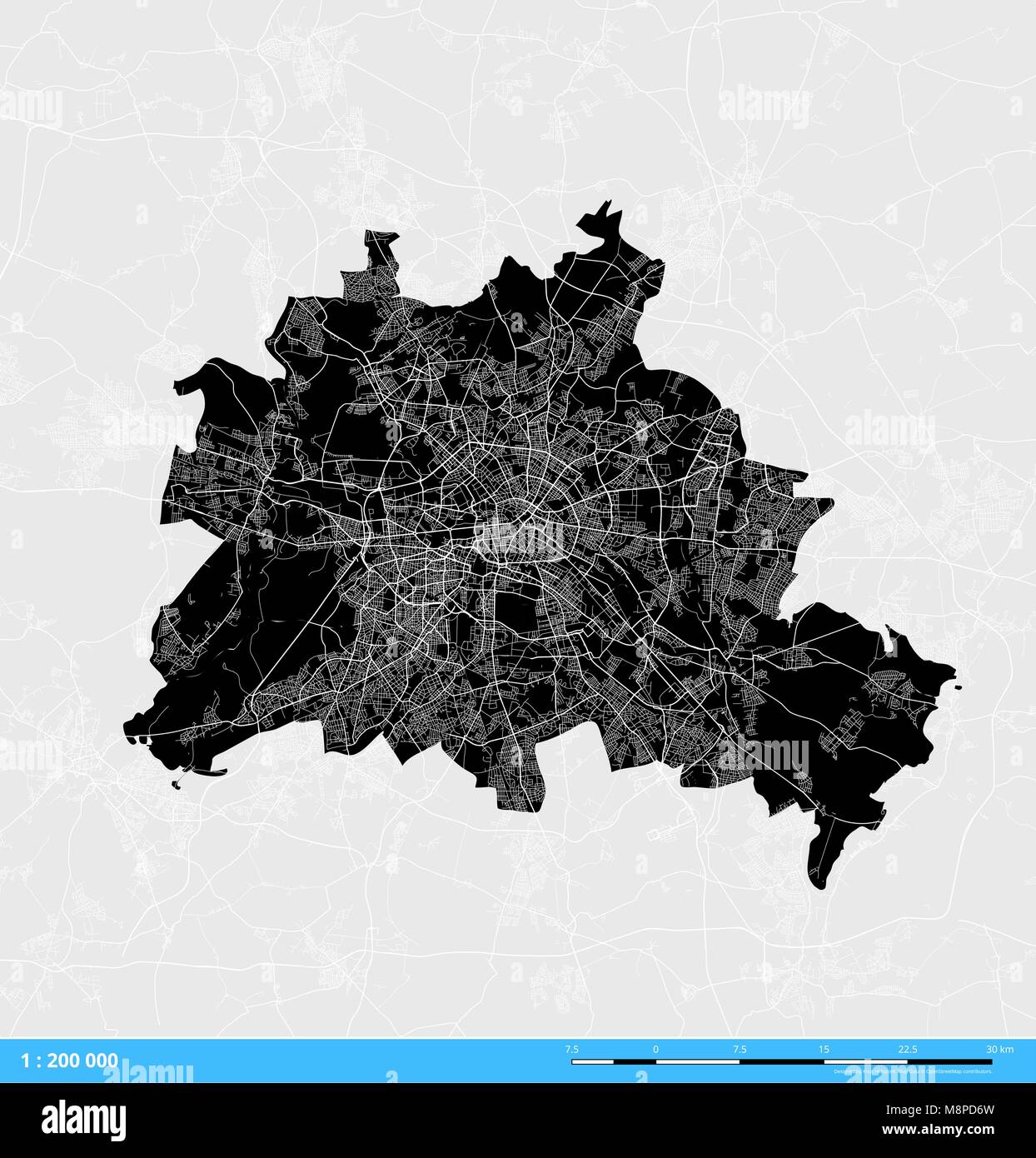 Berlin City Vektorkarte. Schwarze und weiße Silhouette Version. Reiche Details für Autobahnen, Straßen und kleineren Straßen. Verwendbar für Travel Marketing, echten es Stock Vektor