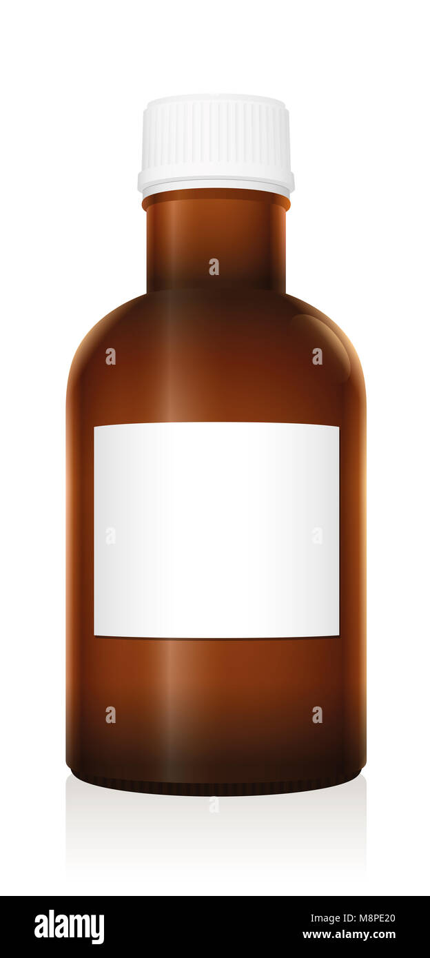 Medizin Flasche. Dunkelbraun Durchstechflasche aus Glas mit leeren Etikett und Geschlossen aus weißem Kunststoff Schraubverschluss - Abbildung auf weißem Hintergrund. Stockfoto