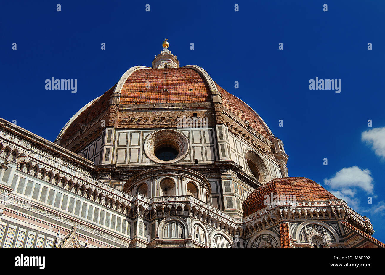 Schönen Dom der Heiligen Maria von der Blume in Florenz von unten gesehen, vom italienischen Architekten Brunelleschi gebaut im 15. Jahrhundert und Symbol der Parco dei Renai Stockfoto