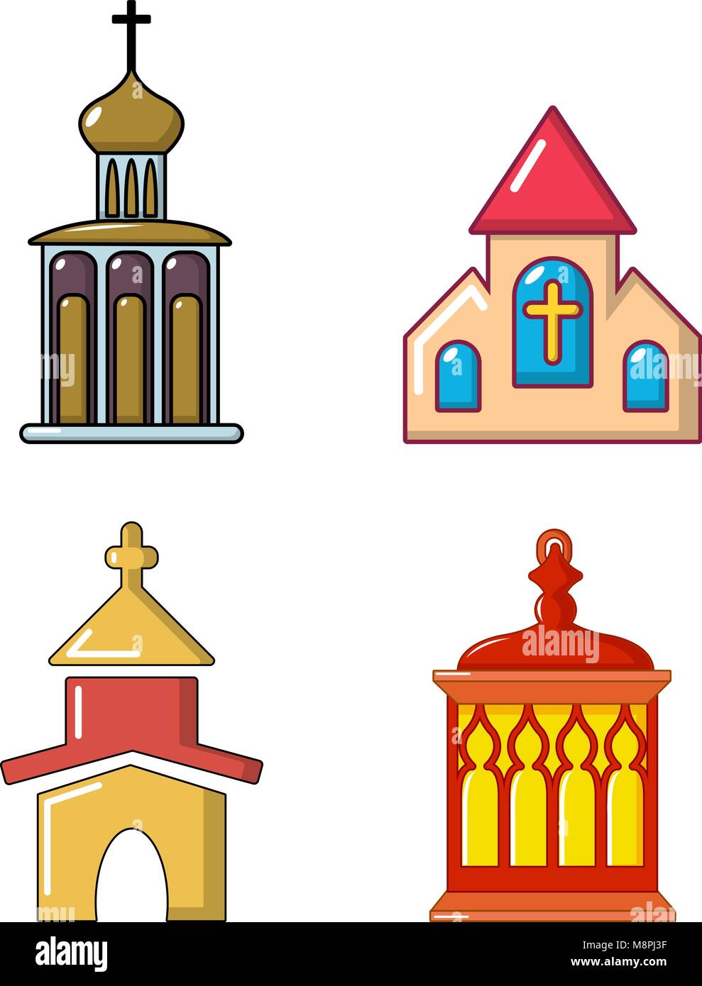 Kirche Icon Set, Cartoon Stil Stock Vektor