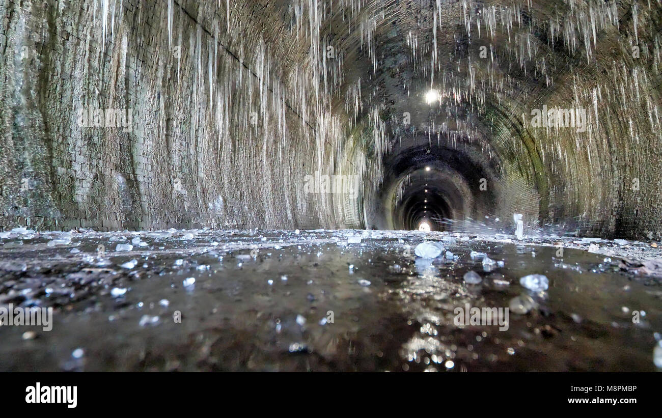 UK Wetter: auftauen Eiszapfen bis zu 6 m lang eine Gefahr für die Spaziergänger darstellen, wenn Sie innerhalb des gefrorenen Ashbourne Tunnel auf der Tissington Trail Eisenbahn Spaziergang im Nationalpark Peak District, Derbyshire, England, UK fallen Stockfoto