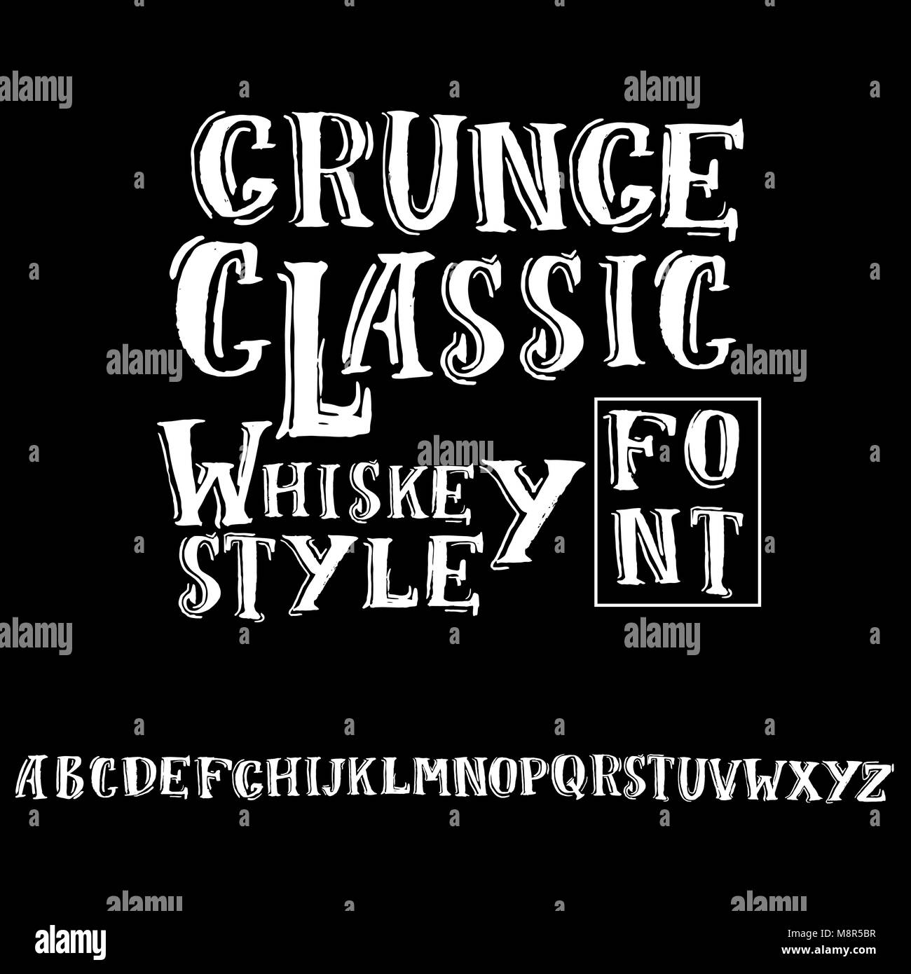 Grunge vintage Whiskey Font. Alte handgefertigte Anzeige Skript. Moderne Bürste label Bedruckung. Vektor Typografie Illustration. Stock Vektor