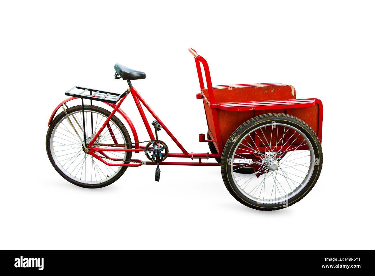 Auto Dreiräder rote Farbe in Retro und Vintage Stil. Die Bürste kommt aus einem Fahrrad für den Transport Elemente isoliert auf weißem backgrou zu verwenden Stockfoto