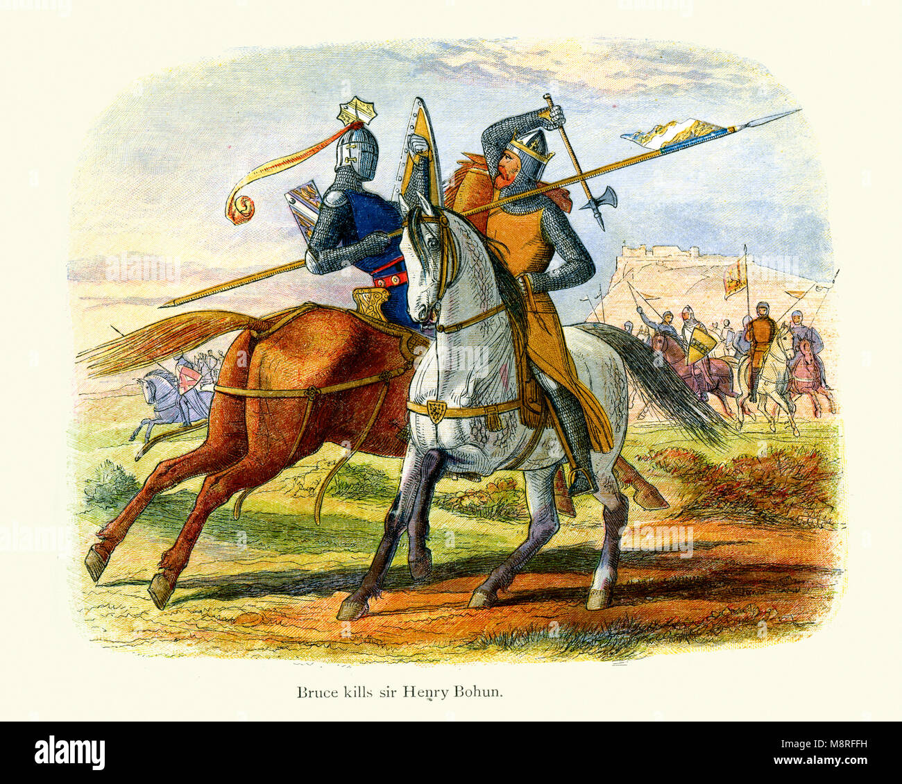 Robert the Bruce tötet Sir Henry de Bohun in der Schlacht von Bannockburn im Jahre 1314.  Henry de Bohun, Neffe des Earl of Hereford, fuhr vor h Stockfoto