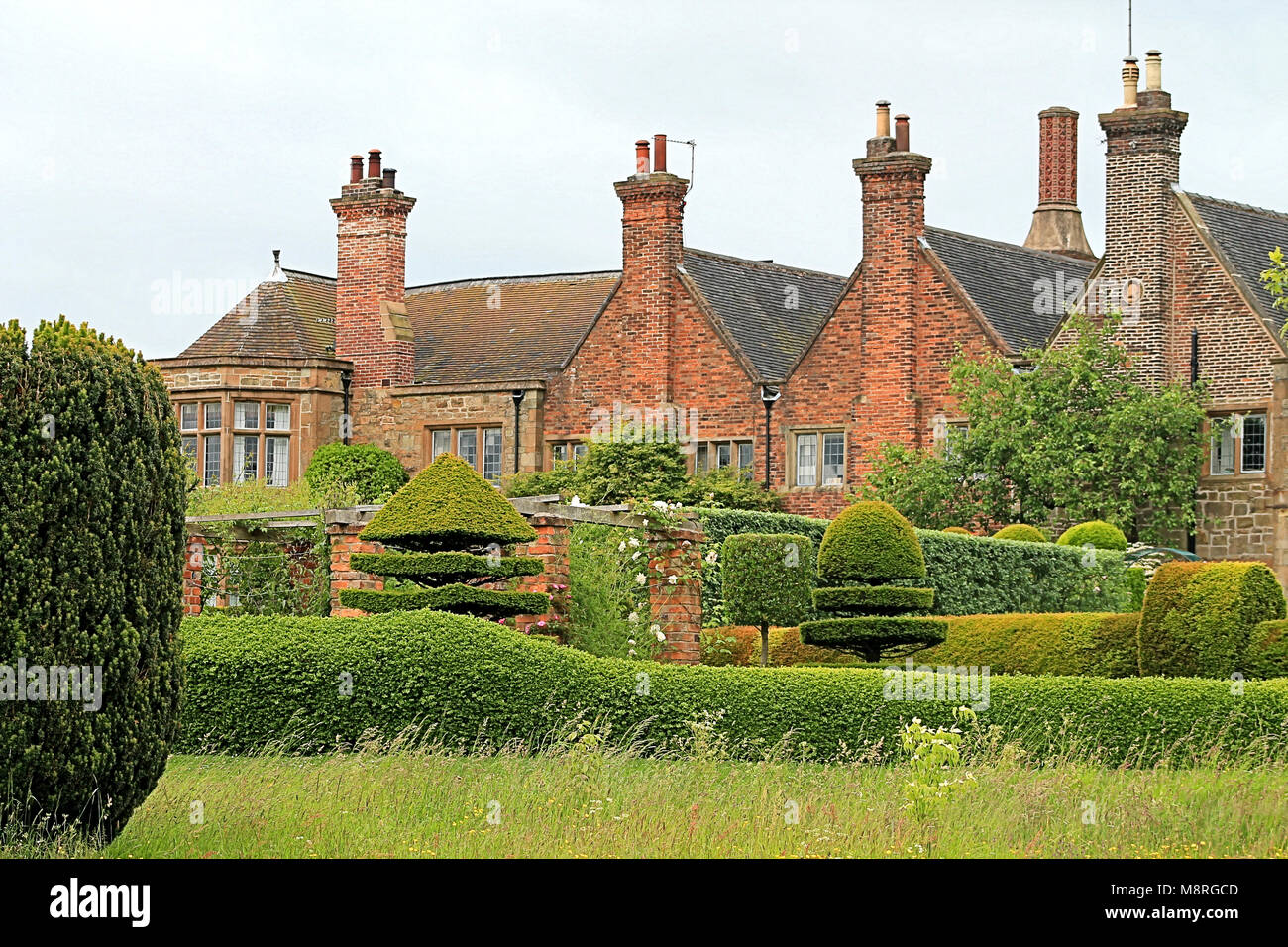 Felley Priory Gardens mit dem formgehölze Hecken im Hochsommer. Nottingham, England, Großbritannien Stockfoto