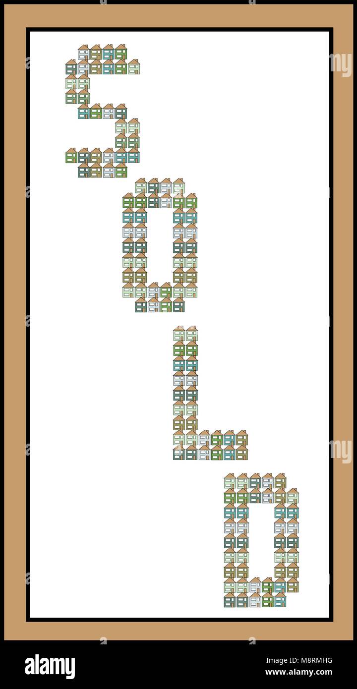 Rechteck Weiß verkauft Zeichen mit braunem Rand und Buchstaben von Blau und Grün mini Häuser gemacht. Stock Vektor