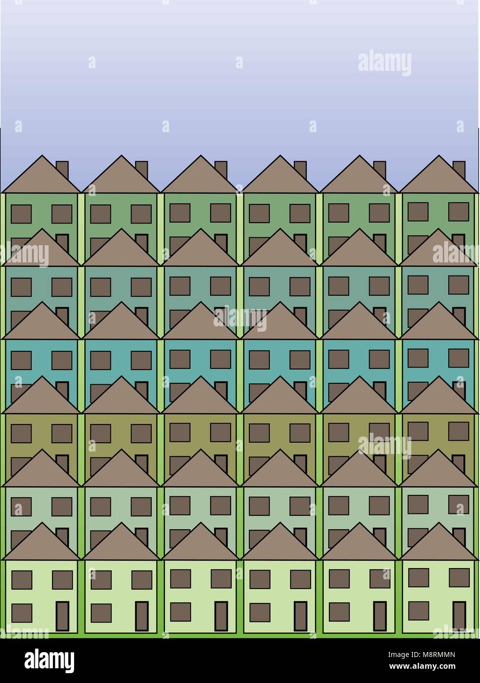 Blue, Green und Aqua Reihen von kleinen Häusern auf einer grünen und blauen Farbverlauf Hintergrund mit Platz für Text. Stock Vektor