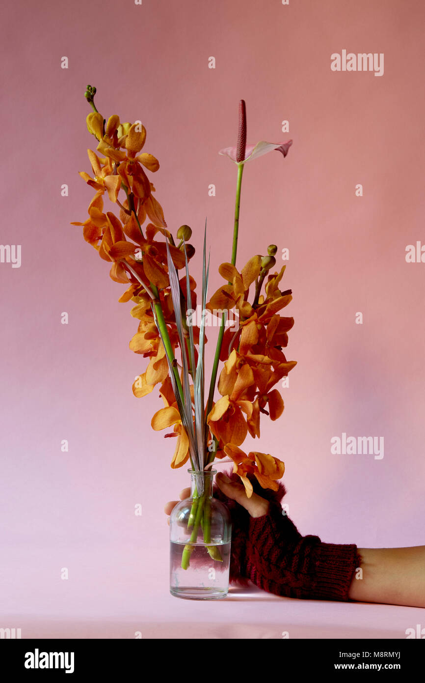 7/8 Hand der Person tragen fingerlose Handschuh halten Vase mit Blumen gegen rosa Hintergrund Stockfoto