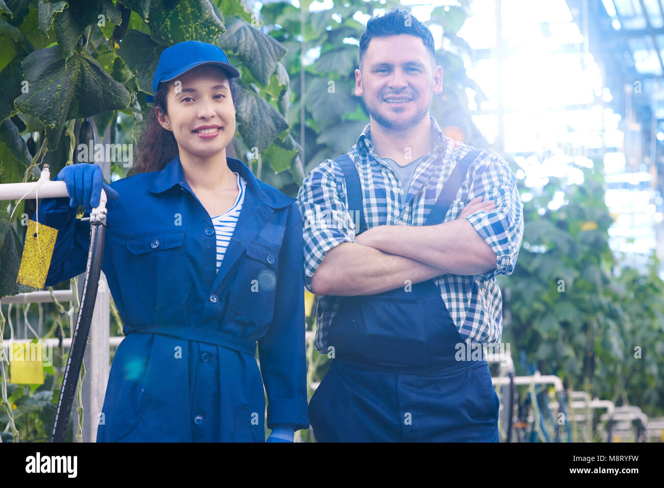 Glückliche Arbeiter posiert in moderne Plantage Stockfoto