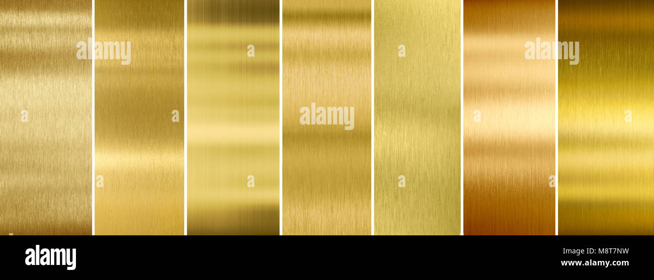 Sieben verschiedene gebürstetem Gold Metall Texturen einstellen Stockfoto