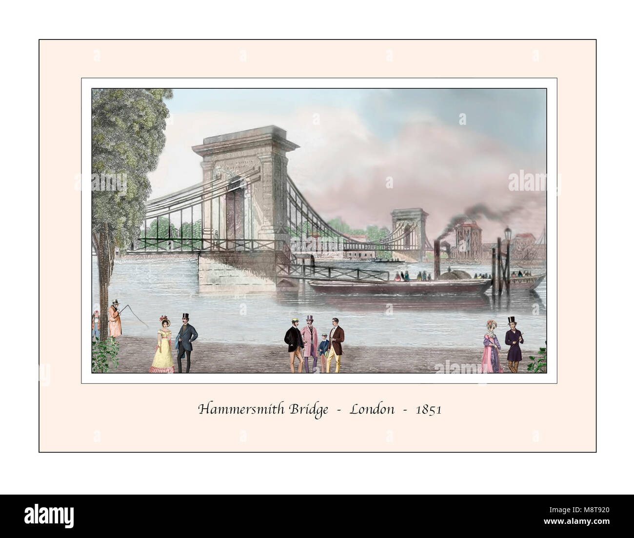 Die Hammersmith Bridge London Original Design im 19. Jahrhundert Gravur auf der Grundlage Stockfoto
